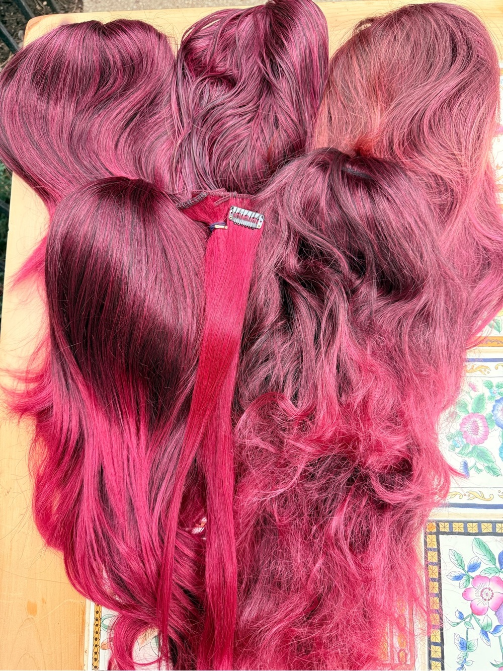 Lot of 6 Deep Magenta Clip-In Hair Extensions - Vibrant Pink Remy Style